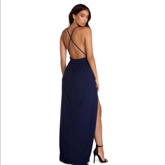 Navy Double Slit Dress - Picture 2 of 3